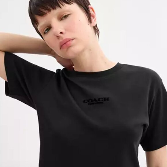 Coach Outlet Black Signature Logo T-Shirt Size Small S Cotton Crew EUC Women's - Picture 2 of 7